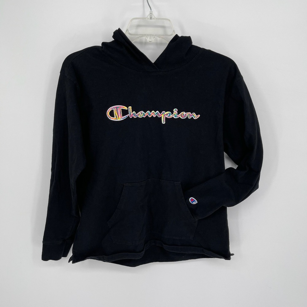 Champion Women's Black‎ Rainbow Logo Raw Hem Pullover Hoodie Sweatshirt Size S